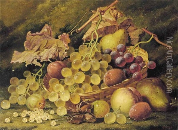 Grapes, Plums, White Currants And A Peach, With A Basket Oil Painting - Henry George Todd
