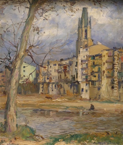 Blick Uber Den Teils Ausgetrockneten Fluss Onyar Auf Die Kirche San Felix In Girona Oil Painting - Kurt Leyde