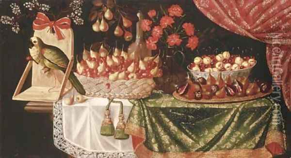 Pears and marasca cherries in a basket Oil Painting - Josefa De Ayala