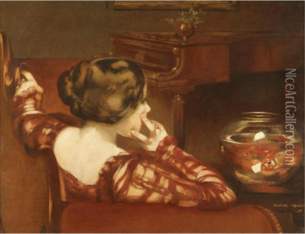 A Girl Seated By A Bowl Of Goldfish Oil Painting - Henry George Moon