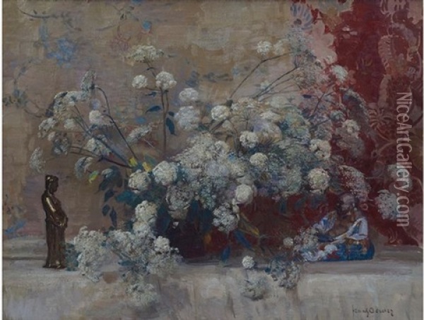 Still Life With Cow Parsley And Oriental Figures Oil Painting - Frans David Oerder