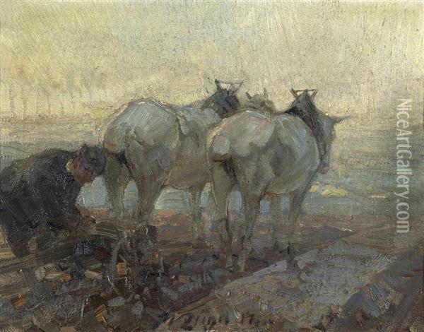 Farmer With Horses. 1917. Oil Painting - Heinrich Johann Von Zugel
