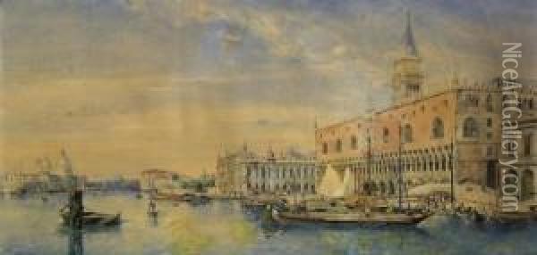 Venice. Veduta With View On 
Doge's Palace And San Marco. Signed And Dated Lower Left: J. B. Van Moer
 1850. Watercolours And Gouache On Paper. 32 X 62cm. Framed Oil Painting - Jean Baptiste van Moer