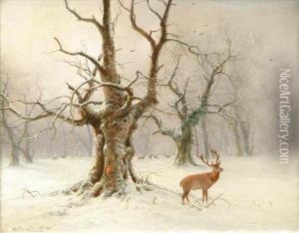 Stags In A Winter Landscape Oil Painting - Nils Hans Christiansen