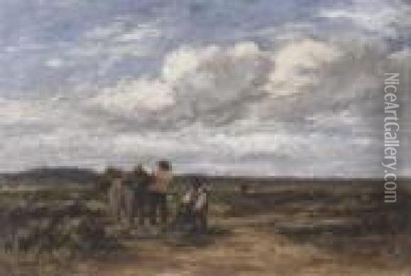 Peat Cutters In A Landscape Oil Painting - David I Cox