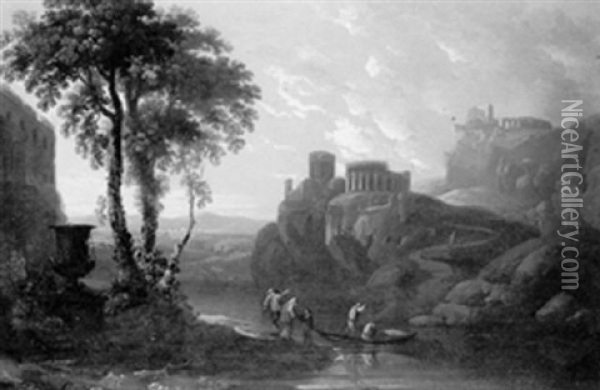 A View Of Classical Ruins With Figures By A Ferry Oil Painting - Gaspard Dughet