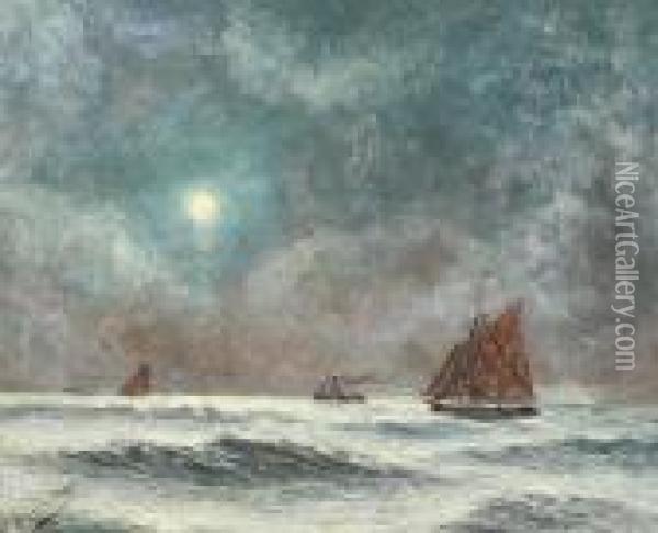 Yachts At Moonlight Oil Painting - Romain Steppe