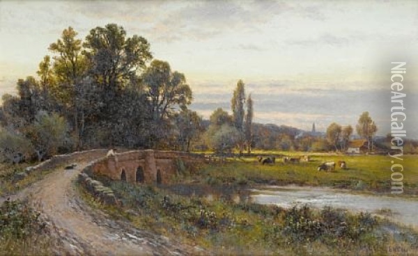 A View Of Houghton Bridge Looking Towards Bury, West Sussex Oil Painting - Alfred Glendening Jr.