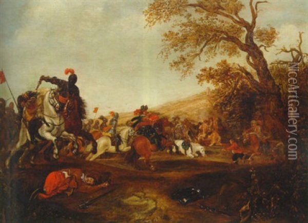 A Cavalry Battle By A Wood Oil Painting - Jan de Martszen the Younger