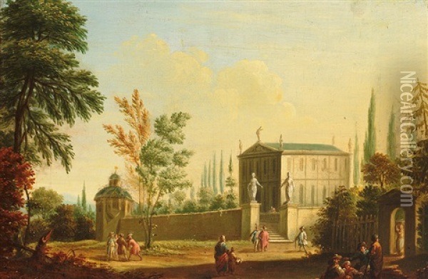 Ansicht Eines Schlosses Mit Gemauerter Umfriedung Und Figurenstaffage An Einem Sommertag Oil Painting - Johann Conrad Seekatz
