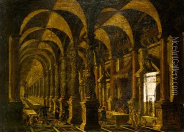 Belshazzar's Feast Within An Architectural Capriccio Oil Painting - Francois de Nome