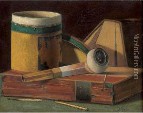 Tobacco Box, Pipe And Books Oil Painting - John Frederick Peto