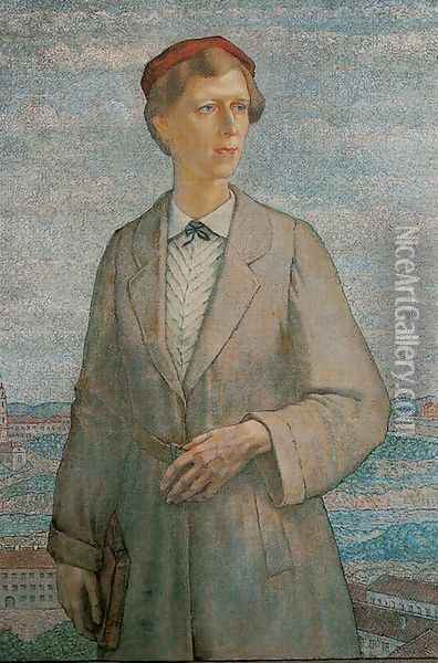Portrait of Artist's Wife on the Background of Vilnius Oil Painting - Ludomir Slendzinski