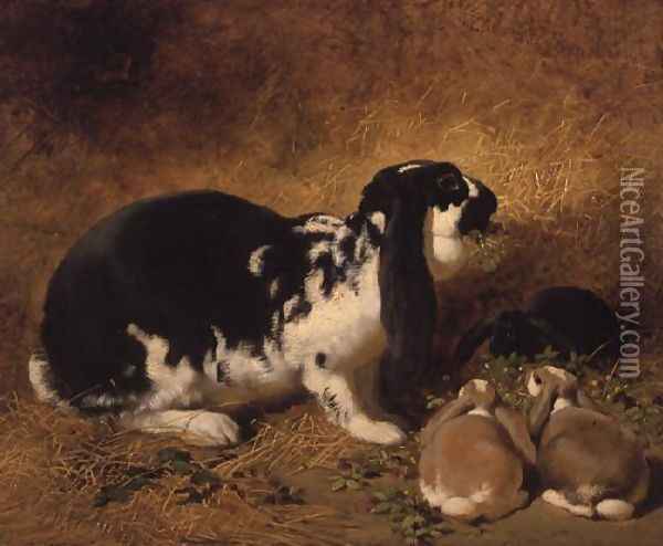 A Doe Rabbit and her three young, 1851 Oil Painting - John Frederick Herring Snr