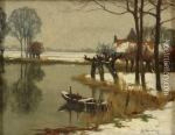 Wintertag Am Niederrhein. Oil Painting - Alfred Rasenberger