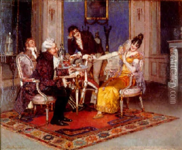 Interior Scene Tea Party Oil Painting - Leopold Schmutzler