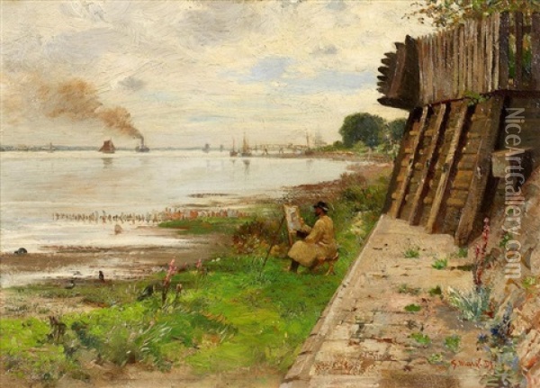 Maler Mit Seiner Staffelei Am Rheinufer Oil Painting - Gustav Marx