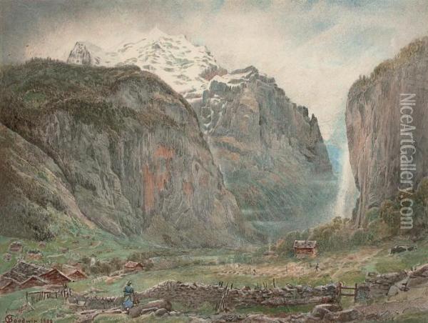 Lauterbrunnen Valley With Staubbach Falls And The Jungfrau, Switzerland Oil Painting - Harry Goodwin
