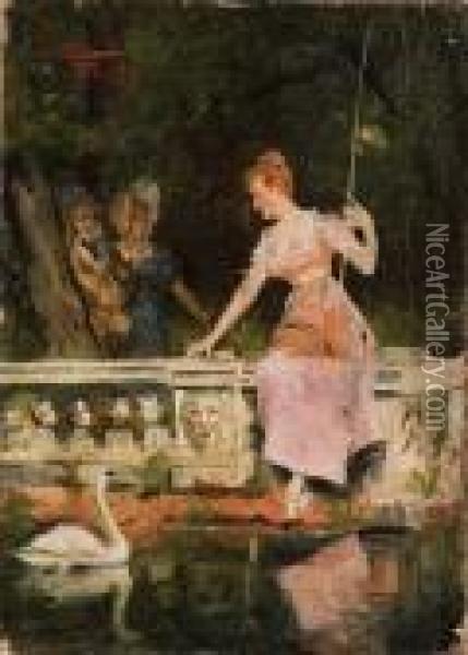 Figure Eleganti Nel Parco Oil Painting - Pompeo Massini