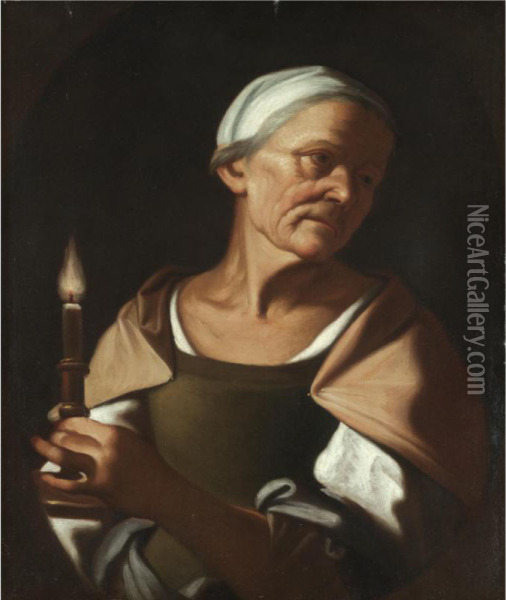 An Old Lady Holding A Candle Oil Painting - Trophime Bigot