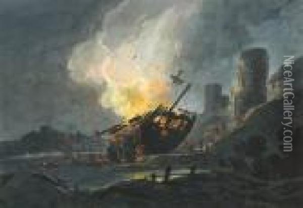 Ttributed To. Nocturnal Coastal Scene With A Burning Shipwreck Oil Painting - William Payne