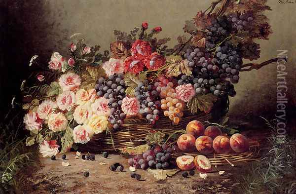 Still Life Of Roses, Peaches And Grapes In A Basket Oil Painting - Modeste Carlier