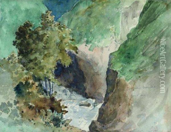 Vue Plongeante Sur Un Torrent Dans Un Ravin Des Pyrenees Oil Painting - Eugene Delacroix