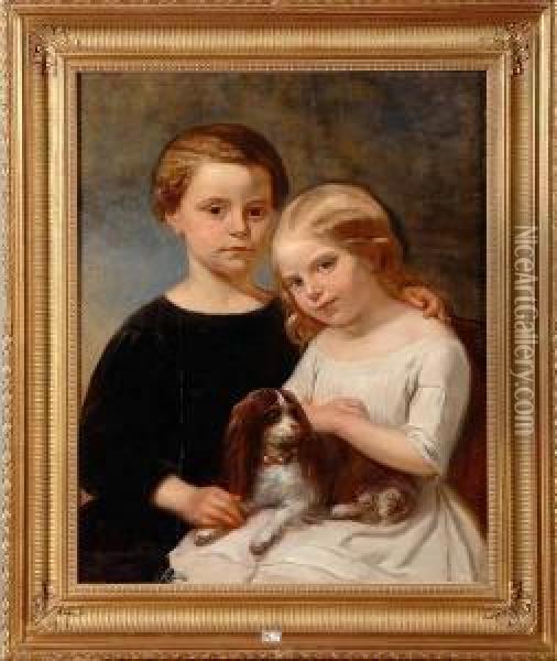 Portraits Des Filles De Sara Et D'albert Wauters Accompagnees De Leur Chien Oil Painting - Emile Charles Wauters