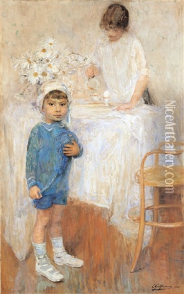 Interieur Avec Enfant En Bleu Oil Painting - Ernest Jean Joseph Godfrinon