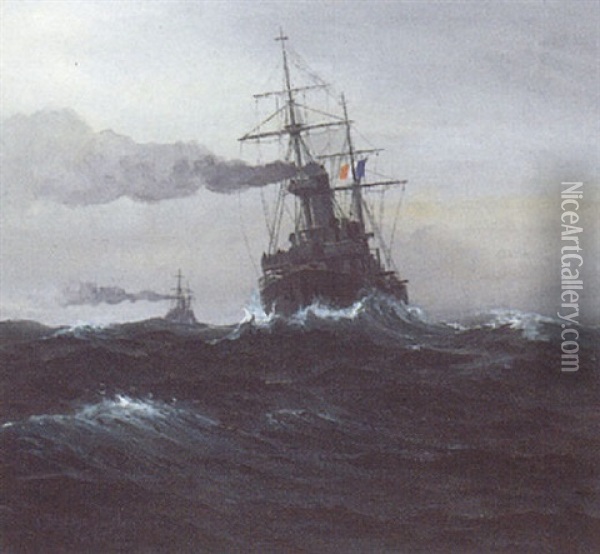 Marine Med Sejlskibe I Biscaya Bugten Oil Painting - Emanuel A. Petersen