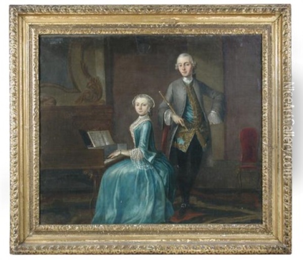 Follower Of Cornelis Troost Portrait Of A Lady Seated At A Harpsichord , With A Gentleman Holding A Flute Oil Painting - Cornelis Troost