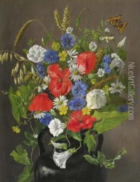 Bouquet De Fleurs Des Champs Au Papillon Oil Painting - Emma Mulvad