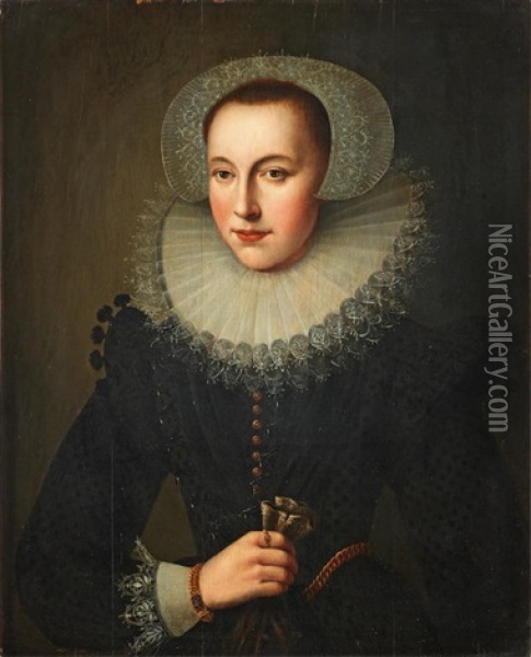 Portrait Of A Lady, Half-length, In A Black Dress And A White Lace Ruff, Holding A Pair Of Gloves Oil Painting - Cornelis van der Voort