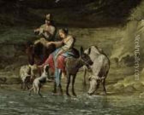 Two Figures On Horseback Beside A River Bank With A Dog Oil Painting - Nicolaes Berchem