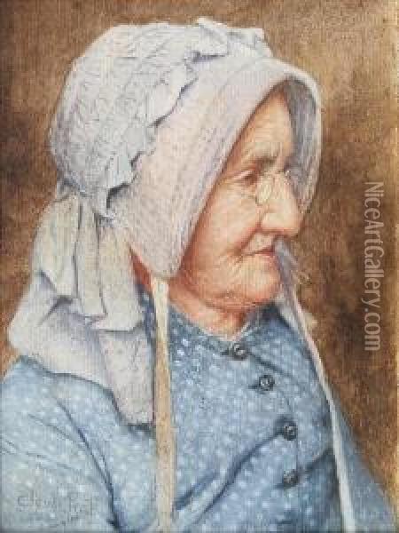 Portrait Of An Elderly Lady Wearing A Bluedress And Paler Bonnet Oil Painting - Claude Pratt