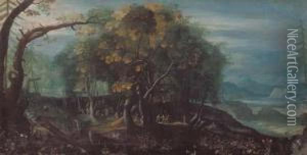 A Wooded Landscape With A Skirmish Between Bandits, A Townbeyond Oil Painting - Johannes Jacob Hartmann