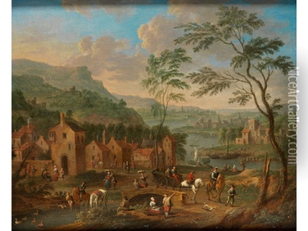 Dorfszene An Einem Fluss Oil Painting - Karel Breydel