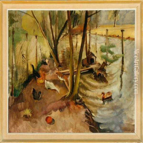Ducks And Geese At Apond Oil Painting - Elisabeth Moller Wandel