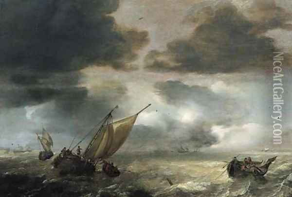 A wijdschip lowering sails with fishermen in a rowing boat hauling in their nets, as a storm approaches Oil Painting - Jan Porcellis