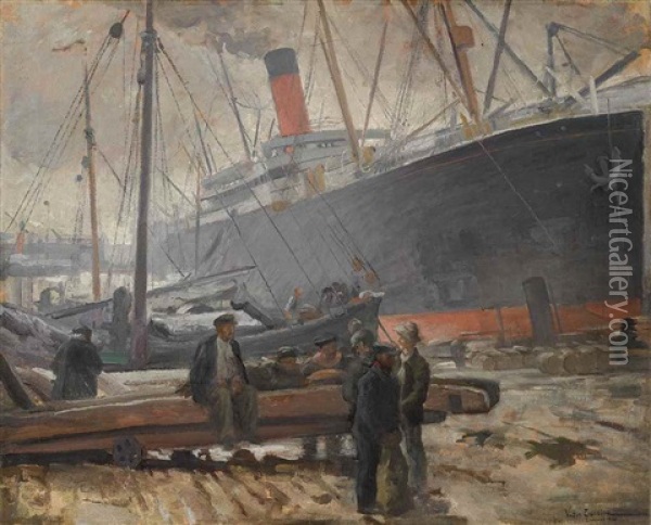 Oceanliner And Dockers In Liverpool Oil Painting - Victor Francois Tardieu