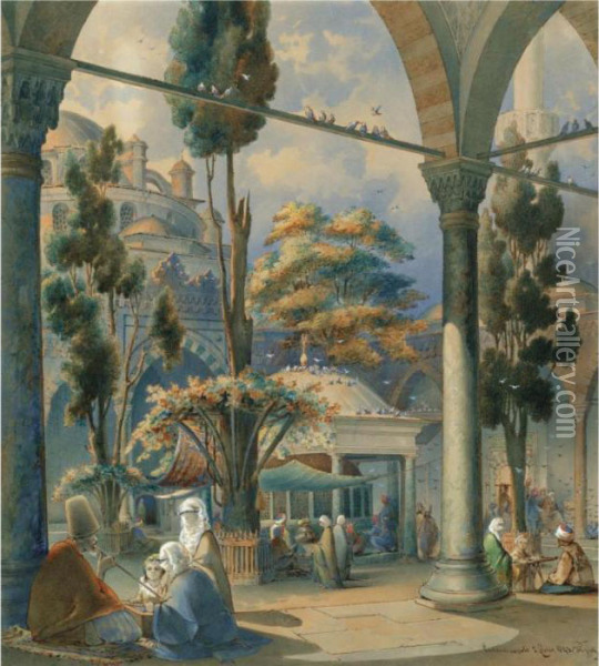 The Courtyard Of The Sultan Beyazit Cami, Constantinople Oil Painting - Amadeo Preziosi