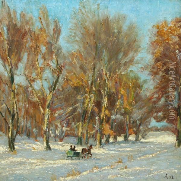 Winter Forest With Horse-drawn Sleigh Oil Painting - Axel M. Lassen