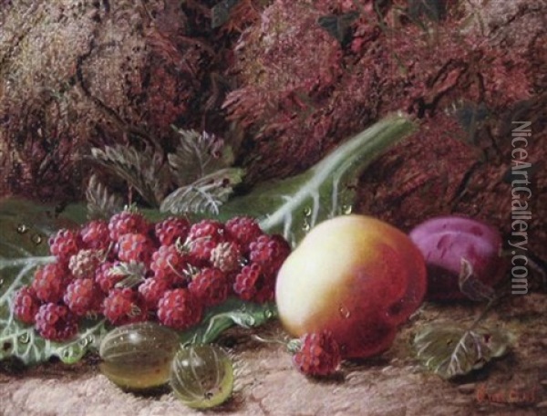 Still Life Of Peaches, Raspberries, Plums And Gooseberries (+ Another; Pair) Oil Painting - Oliver Clare