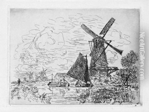 Moulins En Hollande (rotterdam). 1861. Oil Painting - Johan Barthold Jongkind