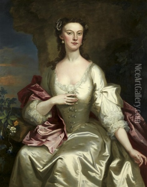 Portrait De Femme A La Robe Blanche Oil Painting - Jan Van Der Banck
