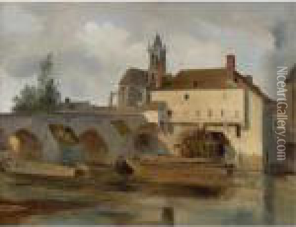 Moret Sur Loing, Le Pont Et L'eglise Oil Painting - Jean-Baptiste-Camille Corot