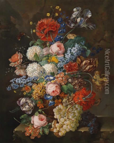 A Large Bouquet Of Flowers With Grapes Oil Painting - Josef Mansfeld