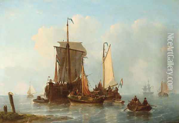 A vis hoeker and other Dutch fishing ships riding at anchor Oil Painting - George Willem Opdenhoff