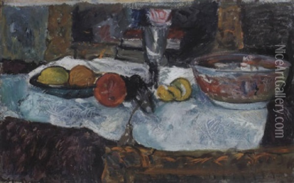 Still Life With Fruit And A Chinese Bowl On A Table Oil Painting - George Leslie Hunter