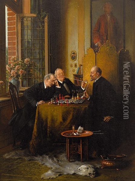 Drei Schachspieler Mit Langen Tonpfeifen Oil Painting - Hans August Lassen